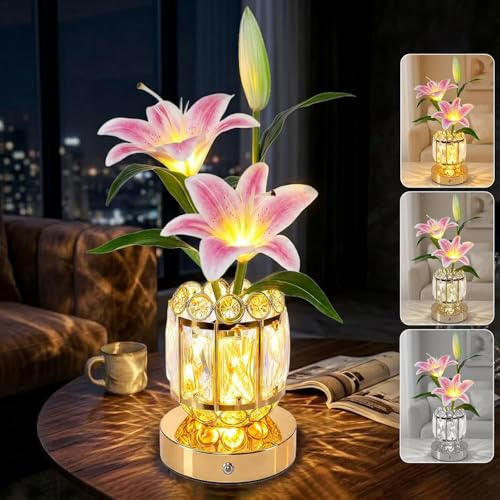 Maxspace Blumen Tischlampe Kabellos, 3 Farbtemperaturen Dimmbar Nachtlicht mit Tulpenblumen, Wiederaufladbare Nachttischlampe Touch mit Kristallvase für Party Wohnzimmer Schlafzi (Rosa – Lilie)