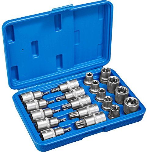 TecTake Ensemble de clé à douille embouts torx mâle female longues/courtes | Douilles avec codage et gorge à bille | Coffret stable inclus - diverses modèles (Type 2 | 19 pcs | 402685)