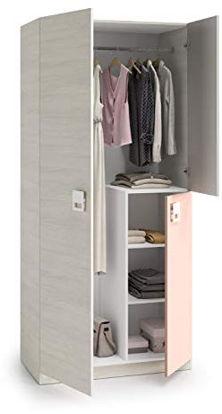 Dreitüriger Kleiderschrank mit Kleiderstange und drei Innenböden, Holzoptik grau mit rosa Türdetail, Maße 90 x 200 x 52 cm