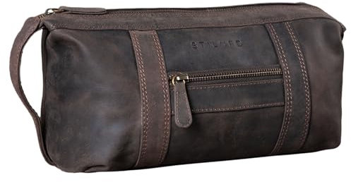 STILORD 'Bruno' Nécessaire de Voyage Homme Cuir Vintage Trousse de Toilette avec 2 Compartiments et l'Anse Étui en Cuir Véritable, Couleur:Marron - foncé