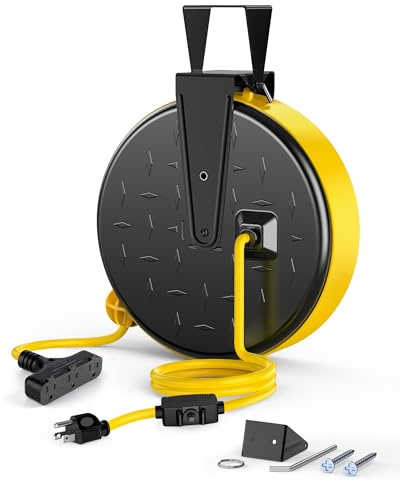 DEWENWILS 30 Ft Retractable Extension Cord Reel, Ceiling/Wall Mount 16/3 Gauge SJTW Power Cord with 3 Electrical Outlets Pigtail for Garage and Shop, 10 Amp Circuit Breaker, ALloy Plate, UL Listed