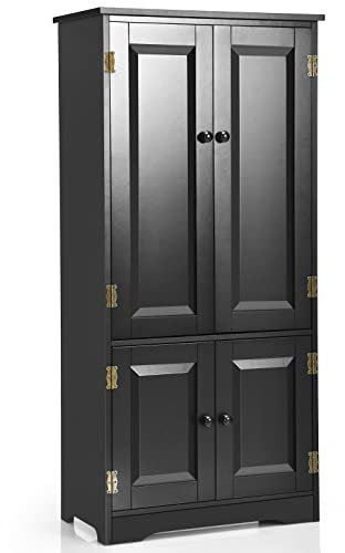 CASART Floor Storage Cabinet, Wooden Storage Cupboard with Adjustable Shelves and 4 Doors, Free Standing Hallway Sideboard for Living Room Bathroom Kitchen Office (Black)