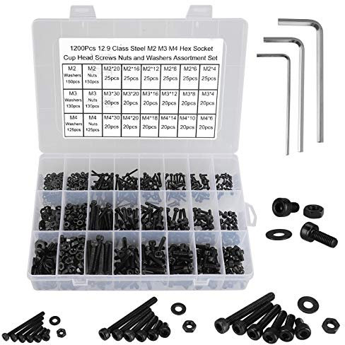 FandWay 1200Pcs 12.9 Grade Alloy Steel M2 M3 M4 Hex Socket Head Cap Screws, Cheese Head Machine Screws, Internal Hex Bolts and Nuts Washers Assortment Set With 3 Hex Wrenches.(Black)