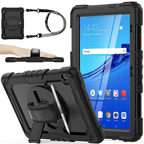 SEYMAC stock Coque pour Huawei MediaPad T5 10,1 Pouces 2018, Coque Antichoc Robuste avec Dragonne/Béquille Rotative à 360 Degrés, Protecteur D'écran, Bandoulière pour Huawei MediaPad Tablet T5 (Noir)
