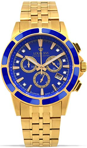 LOUIS XVI Herren-Armbanduhr Majesté Stahlband Gold Blau Keramik Chronograph Analog Quarz Edelstahl 1105