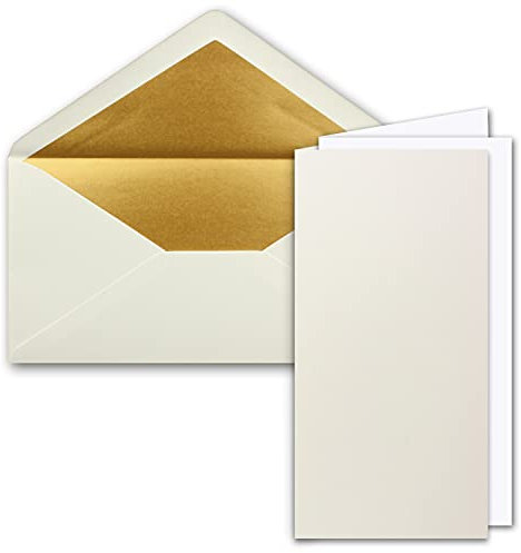 75x Faltkarten-Set DIN Lang inkl. Briefumschlägen mit goldenem Seidenfutter und weißen Einlegeblättern in Naturweiß (Weiß) - 10,5 x 21 cm - für Einladungen und Grußkarten
