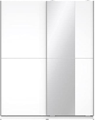 Forte WINNER Schrank 150, weißer Kleiderschrank mit Spiegel, Schwebetürenschrank Modern Schlafzimmer 2-türig mit Einlegeböden und Kleiderstange, Weiß, 150 cm breit x 190,5 cm hoch x 61 cm tief