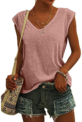 KOG Bluse Damen Elegant Ärmellose T-Shirt Shirt Casual Weiß Oberteile mit Flügelärmeln Frauen Schwarz Kleidung Frau Grau Sommer Shirts Top Damen V-Ausschnitte Tshirt Klamotten Rosa XL
