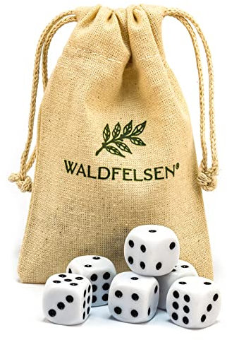 6, 12, 20, 30 oder 50 hochqualitative Würfel von Waldfelsen® Standardgröße 16 mm Acrylwürfel Knobel Spielwürfel Dice 6-seitig sechsseitig Spielzubehör Set mit Stoffbeutel (Weiß, 6 Stück)