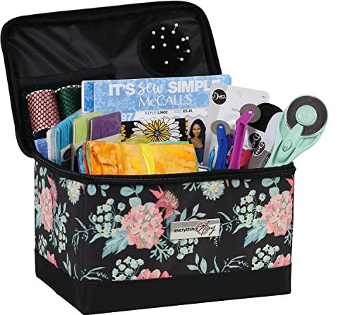Everything Mary Nähkasten mit Fächern, schwarzes Blumenmuster – zusammenklappbarer Aufbewahrungs- und Organisationskorb für Nähzubehör, Zubehör, Garn, Nadeln und Scheren – EVM12861-1