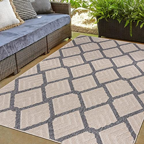 Mazovia Outdoor Teppich 3D Effekt - Wetterfest & UV-beständig - für Balkon, Terrasse und Wintergarten - In- & Outdoorteppich Aussenteppich - Beige Creme 140 x 200 cm