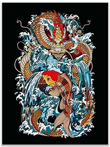 wandmotiv24 Poster als Wanddeko, Größe 80x60cm, Drache, Fisch, Japan, Moderne Wanddeko, Wandbilder, Deko, Bild M0246