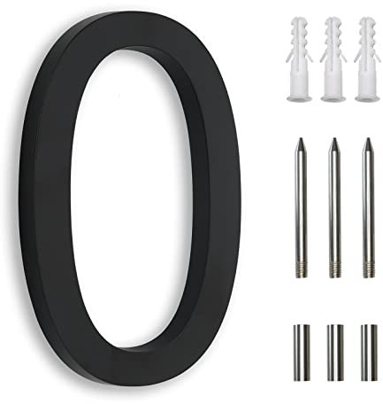 7 Inch Address Numbers for Houses, Modern House Numbers for Outside Street Metal Black Large Door Numbers on Floating Mount Zinc Alloy Black Number 0