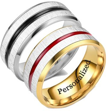 Ihanskio Personalisierte Ring für Paar Unisex Holz Inlay Männer Ringe Innen Können Eingraviert Individuelles Versprechen Hochzeit Engagement Ringe Schwarz Titan stahl 8MM 6-13# (Red, 1 PAIR)