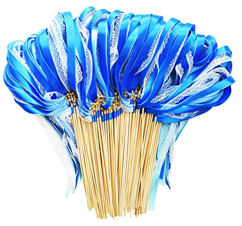 Lot de 100 baguettes de ruban en dentelle bleue avec clochettes en soie pour fête, fête, fête prénuptiale, dévoilement du sexe et des vacances