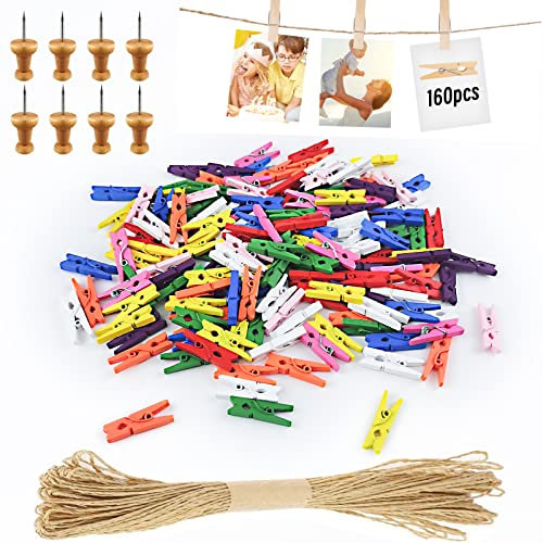 Hengxinc Lot de 168 Mini Pince à Linge 25MM Mini Pince à Linge Mariage Petite Epingle en Bois pour Photo pour Polaroid Photo avec 10M Corde de Jute DIY Mini Epingle en Bois Photo (Couleur)