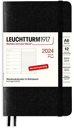 LEUCHTTURM1917 367803 Wochenkalender & Notizbuch Pocket (A6) 2024, Softcover, Schwarz, Deutsch, 12 Monate