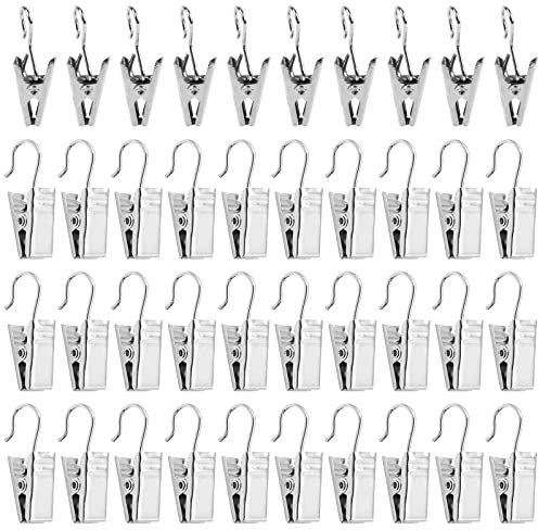 Cozlly 50 Stück Edelstahl Vorhang Clips, Gardinen Metall Klammern mit Haken, Kleine Edelstahl Curtain Clip, Metall Hängenden Haken Für Vorhänge Fotos Duschvorhang Hängende Home Dekoration(Silber)