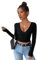 GORGLITTER Women's Ruched Wrap Crop Tops Long Sleeve Deep V Neck Tie Side Sexy Y2K T Shirt Crop Top Black S