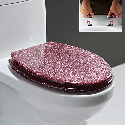 TISTIK Glitter & Soft Close Toilet Seat, D-Shaped, Resin, Pink, 14.2 x 16.53