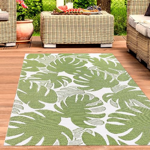 CARPETIA Outdoor Teppich modern wetterfest leicht wendbar Kunststoff-Teppich Camping Balkon Garten Terrasse Palmenblätter grün/weiß 240 x 340 cm