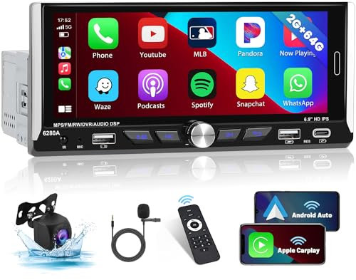 2+64G Android Single Din Car Stereo Wireless Apple CarPlay Android Auto,6.9 inch 1Din Touch Screen Radio Upgrade Car Audio Recevier Bluetooth GPS FM RDS, Single Din Head Unit+Free AHD Backup Cam