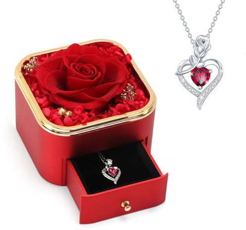 Boîte à Bijoux pour Femmes, Rose Éternelle Boîte Cadeau, Rose Eternelle avec Bijoux, Cadeau Maman pour la Saint-Valentin, Fête des Mères, Anniversaire, Rose Stabilisée Cadeau de Fin d'études (Rouge)