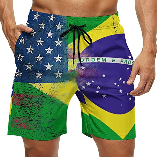 FJQWKLF Short de Plage pour Hommes, Drapeaux américains et brésiliens, Maillot de Bain à séchage Rapide avec Doublure en Maille, Maillots de Bain avec Poches, Taille M