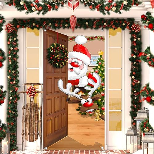 Couverture de Porte de Père Noël, 180 * 90cm Bannière de Porte de Noël Suspendue Couverture de Porte d'Entrée de Père Noël, pour Décoration de Vacances Hiver, Porte d'Entrée Maison