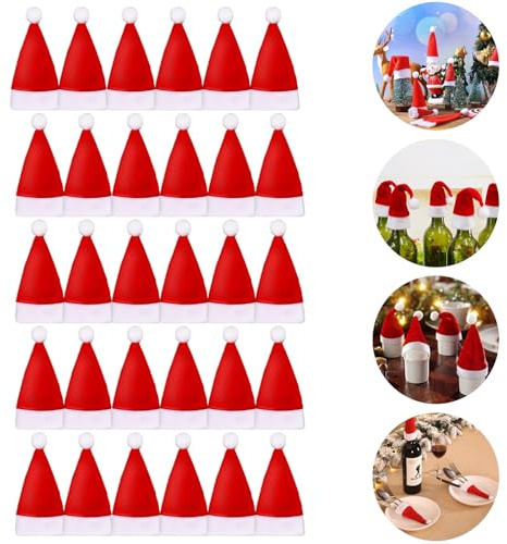 Dawumin Mini Weihnachtsmütze, 30PC Weihnachtsmannmützen Weihnachtsdeko, Weihnachtsmann Mütze Besteckhalter, Mini-Weihnachtsmützen, Weihnachten Besteckhalter für Weihnachten Deko