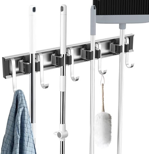 GARTOL 2 Stück Besenhalterung Wand, Garage Tool Management Wandregal, Besen Mop Halter Wandhalterung, mit 4 Halter und 5 Haken für Zuhause Küche Badezimmer