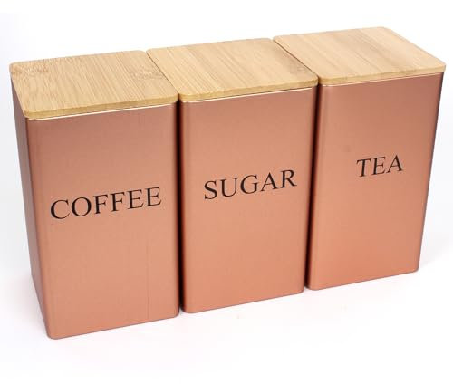 Tea Coffee Sugar Canisters, 1000ML 3 Piece of Metal Canister Storage Jar Container Set With Airtight Bamboo Lid (Rose Gold)