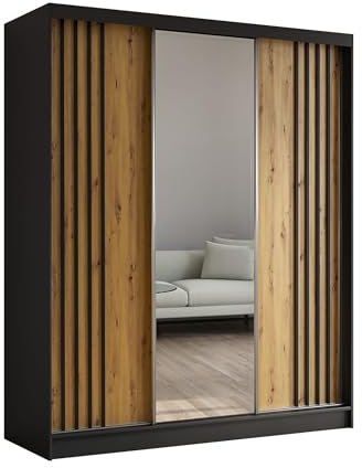 AGMAT-FURNITURE Schwebetürenschrank Lugo, Kleiderschrank mit 3 Türen und Spiegel und 2 Schubladen, Moderne Garderobe in Farbe: Schwarz/Artisan, Schrank in Größe: 180 x 216 x 61 cm
