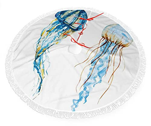 Ozean-Muster, Weihnachtsbaumrock, Weihnachtsschnürung mit Quasten-Dekorationen, Quallen, Meerestiere, Aquarell, Weihnachts-Partyzubehör, Baumschmuck für Geschenk, blau-weiß, 76 cm