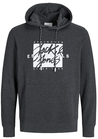 JACK & JONES Hoodie Herren – Lässiger Kapuzenpullover aus Baumwoll-Mix mit Print, Kapuzenpullover mit Kängurutasche, Streetstyle Langarm-Pullover für Freizeit & Alltag – Größe: L – Farbe: Schwarz