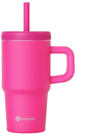 Luxgola Kids 20 oz Tumbler with Handle, Leak-Proof Screw-On Lid with Removable Silicone Straw, Spill Proof, Reusable Stainless Steel Insulated Water Bottle, Gifts for Boys and Girls, Rose Red