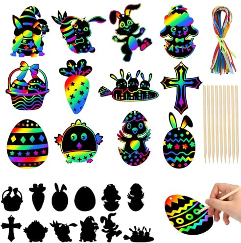 Kratzbilder Ostern Scratch, 36 Stück Ostern Kratzbilder Bastelset, Art Ostereier Kratzbilderbastelsets, Osterei Kratzbilder, DIY Kratzbilder für Ostern, Für Osterfest Party Deko und Handwerk(Easter)