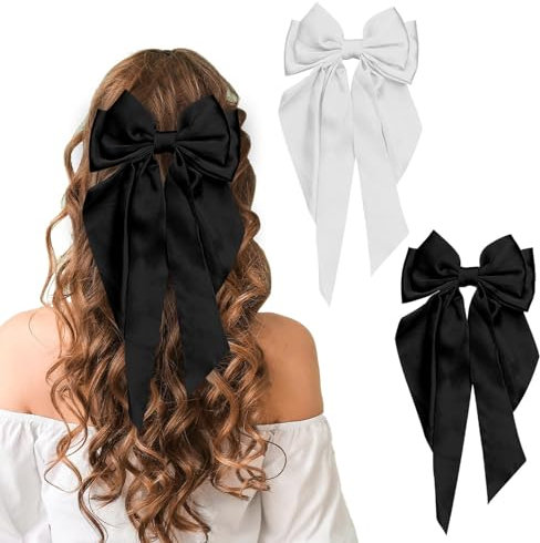 NiceYnn Lot de 2 Pinces à Cheveux Grand Noeud Papillon avec Ruban Epingles Barrette de Cheveux en Satin pour Femme Fille Anniversaire Coiffure Décor Queue de Cheval #A Noir/Blanc