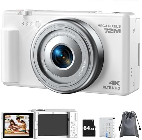 Cámara Digital 4K, Vlog Cámara de Fotos Antivibración con Enfoque Automático de 72MP 18X Zoom, Pantalla Flip de 270° Camara Digital Compacta con Batería Tarjeta de 64GB para Fotografica Principiantes