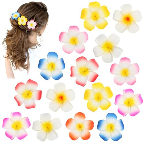 Ptwola 15 pinzas de pelo hawaianas con flores para mujer, plumeria, hibisco, bohemio, tropical, flores, tocados para niñas, vacaciones, fiestas en la playa, bodas, decoración