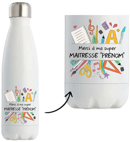 Bouteille isotherme Personnalisable merci super Maitresse| Gourde Originale Cadeau Remerciement fin d'Années Maitresse d'école Maternelle Professeur Institutrice Prof Noël