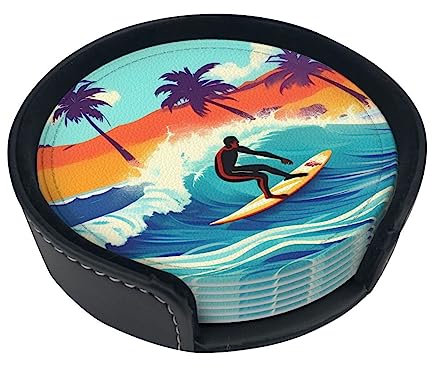 Untersetzer mit Hawaii-Surfer auf gewelltem Druck, 6 Stück, PU-Untersetzer für Getränke, Bars, Partys, Geburtstagsgeschenke, Heimdekoration, Einweihungsfeier