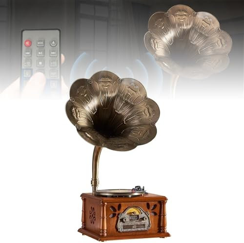 PPLDABNK Platine Vinyle rétro en Bois avec Bluetooth/USB/CD/FM/Streaming en Ligne – Basses et aigus réglables, mémoire de Mise Hors Tension, phonographe Vintage pour la Maison et Les fêtes,Metallic