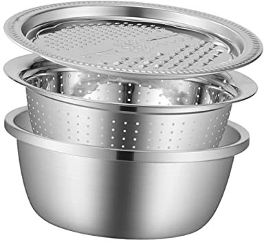 PEPLAYTAL 3 Piezas 1 Juego rebanadoras de frutas juego de ollas cortadora de verduras cesta del colador de sumideros amoladora tamizar rallador de queso colador acero inoxidable Silver