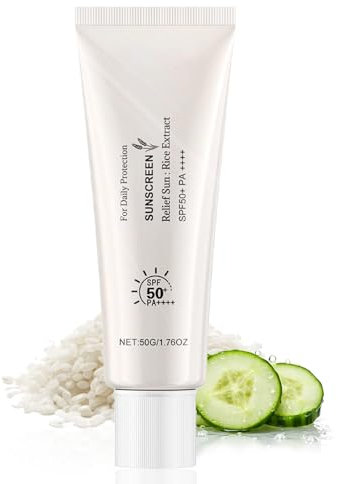 Reis Sonnencreme Gesicht Lsf 50+ Gegen UVA UVB - Feuchtigkeitsspendende Sonnenschutz mit Reis & Gurke Extrakt - Gesichtssonnenschutz Wasserfest, keine weißen Rückstände -50g