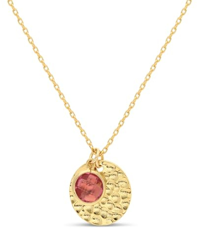 Moments Précieux Collana personalizzata con medaglietta martellata e pietra fucsia, placcato oro