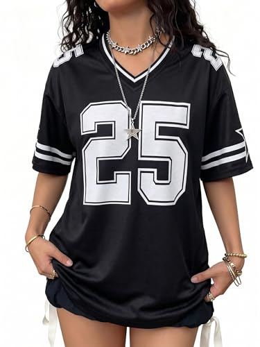 Jersey Shirts for Women Y2k Graphic Tees V Neck Baggy Streetwear Number Oversized T Shirt Summer Tops Black