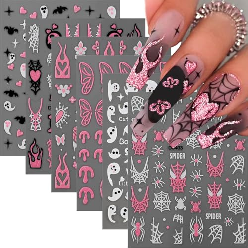 Halloween Nail Art Stickers,12 Sheets Ghost Butterfly Heart Spider Web Self-Adhesive Nail Decals Transfers for Manicure Design Decoration Supplies (Black White Pink)