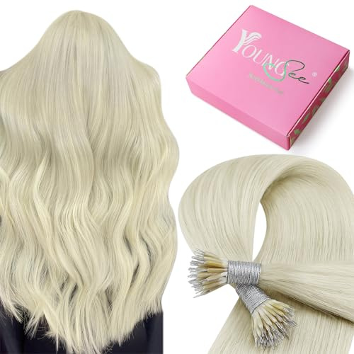 YoungSee 28inch Nano Hair Extensions Real Human Hair Blonde 50g Nano Bead Human Hair Extensions Platinum Blonde 50s Remy Nanolink Extensions White Blonde for Girls Long Straight Cold Fusion