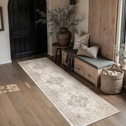 PureCozy Beige Vintage Teppich Läufer Flur 60x240cm Waschbar | Waschbarer Teppich, Weich Rutschfest, Kurzflor im Retro, für Schlafzimmer Küche Flur, Langer Teppichläufer